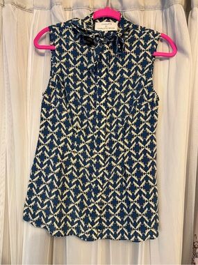 Navy and Cream Sleeveless Tie-Neck Blouse
